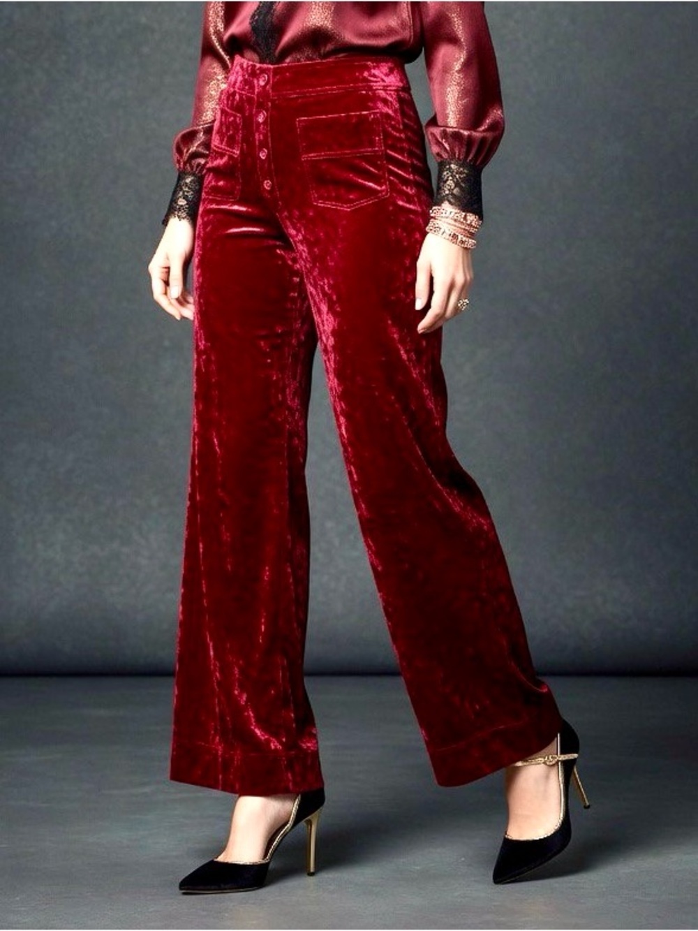 HALARA NWT  Crushed Velvet Wide Leg Red Pants-Sz L-Stretchy High Rise Retro 70s